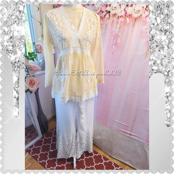 New Boutique Handmade Chikankari Georgette Short Kurti With Sharara Pant - Picture 8 of 11